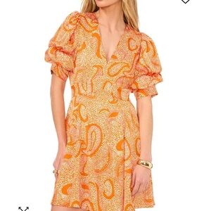 1.STATE Dress 
Women's Printed V-Neck Tiered Bubble Puff Sleeve Mini Women’s L